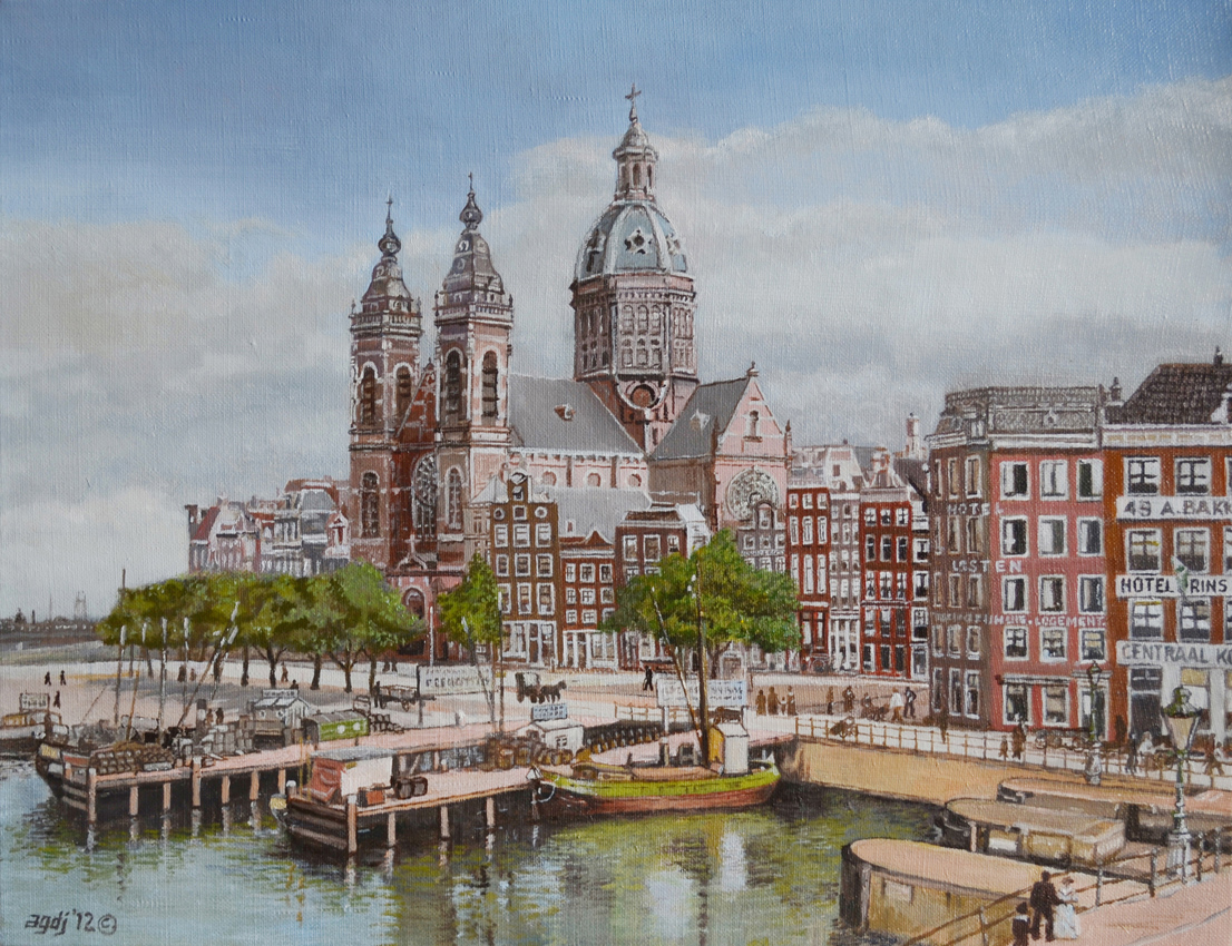 Kunstschilder Bram de Jong (agdj) maakt olieverf schilderij van de Sint Nicolaaskerk te Amsterdam