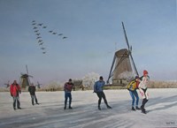Schaatsers Kinderdijk, olieverf op doek, 50 x 70 cm, agdj’14 Copyright