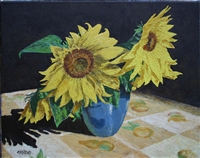 Zonnebloemen, 40 x 50 cm, olieverf op doek, agdj 2005