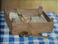 Kistje met schaatsen, olieverf op doek, 40 x 50 cm, agdj’75Copyright