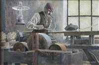 Hoepmaker, olieverf op doek (palet mes), 52 x 79 cm, agdj 1992