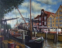Dordrecht met MS Jansje, olieverf op doek, 40 x 50 cm, agdj’08Copyright