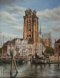Dordrecht, Toren, olieverf op doek, 55 x 70 cm, agdj 1994